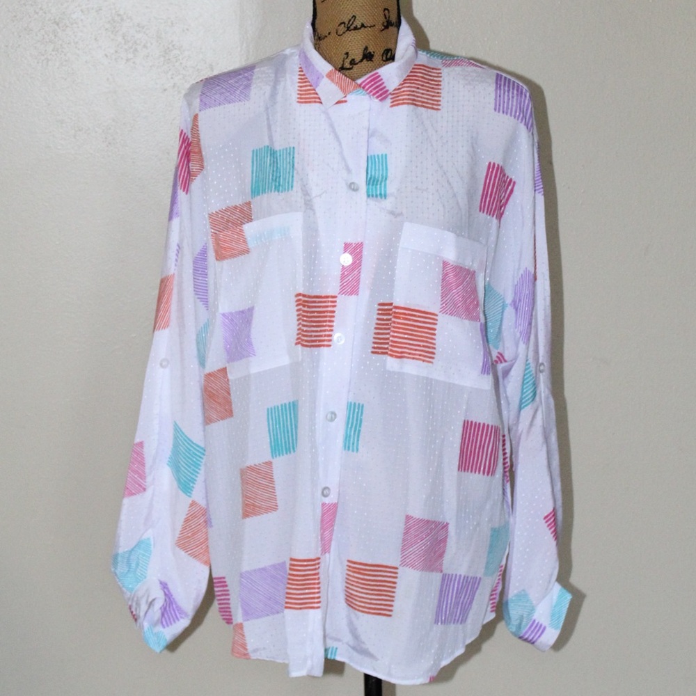 Vintage 80s Lady Manhattan Sheer White Multi Long Sleeve Button Blouse Women’s L